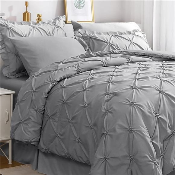 Queen Comforter Set 7 Pieces,Pintuck Gray Bed in a Bag Comforter Set for Bedroom